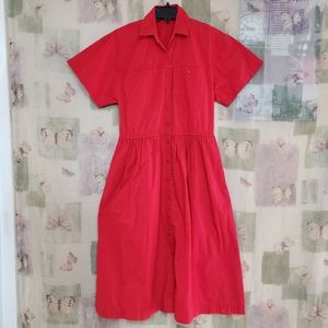 Red button front short sleeve cotton dress
